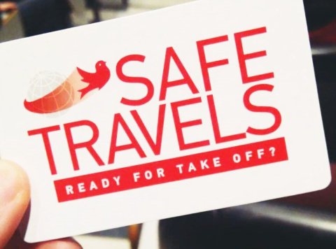 Safe Travels and the 91社区 Abroad logo on a wallet sized card with the words "Ready for take off?" underneath